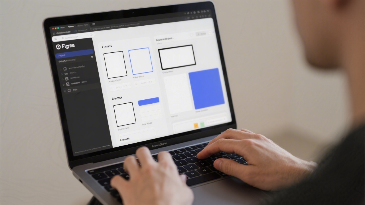 Close-up of a designer's hands on a laptop with Figma open, showing clean UI components and labeled frames on a neutral background.