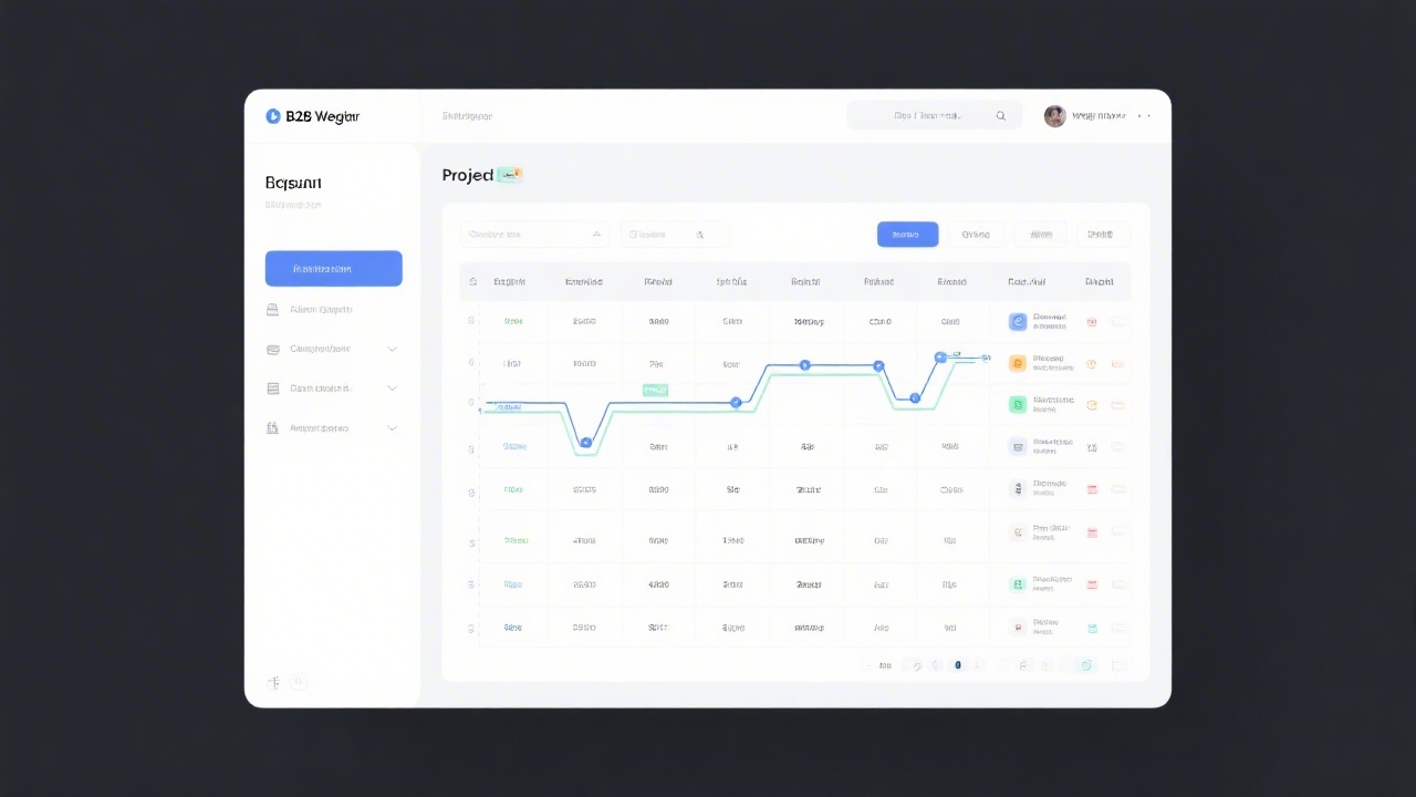 B2B web portal prototype displaying project timelines and task columns in a clean grid layout suitable for enterprise teams.