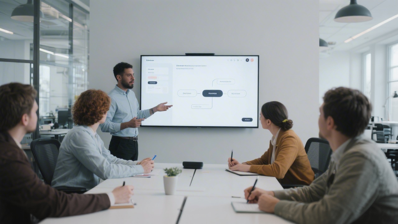 Modern workspace with a designer presenting a simple UI flow on a large screen, team members listening and taking notes.